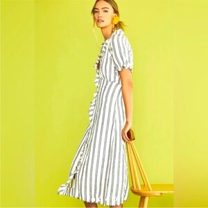NWT Anthropologie Pilcro Ruffle Collar Button Down Midi Dress Linen 10 Stripe